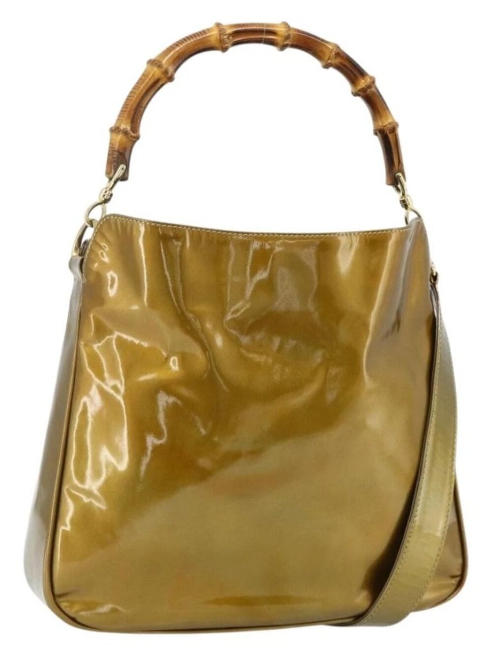 GUCCI Bamboo Hand Bag Patent Leather 2way Gold 001 1014 1638 Auth ep14385